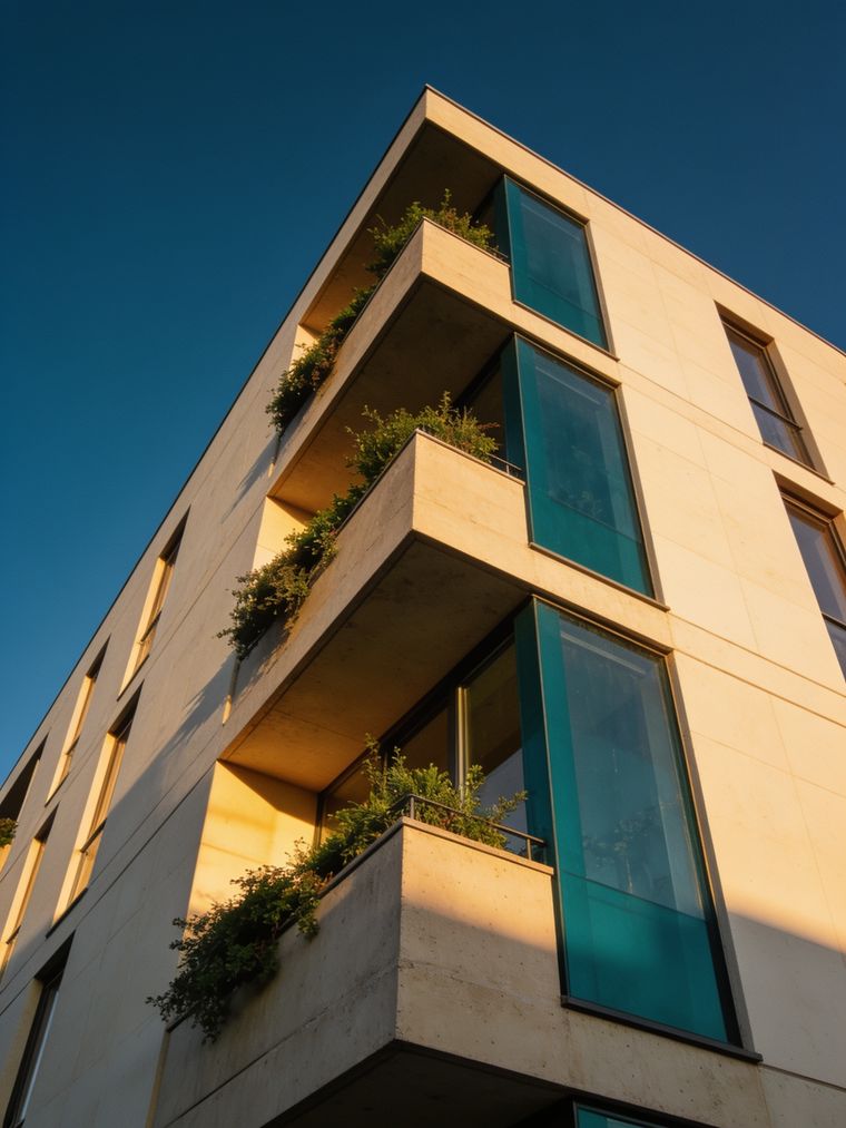 Prédio residencial contemporâneo ao entardecer